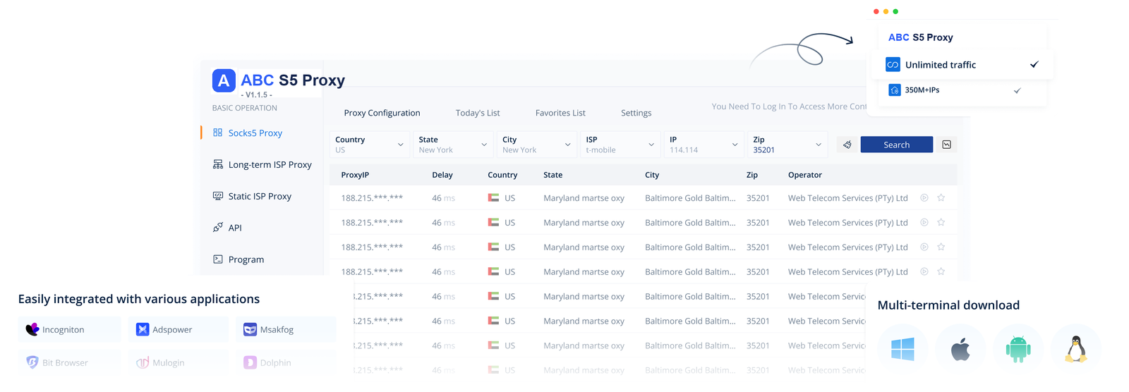 ABC Proxy Windows client showing the SOCKS5 proxy list with country, city, ISP and ZIP filters